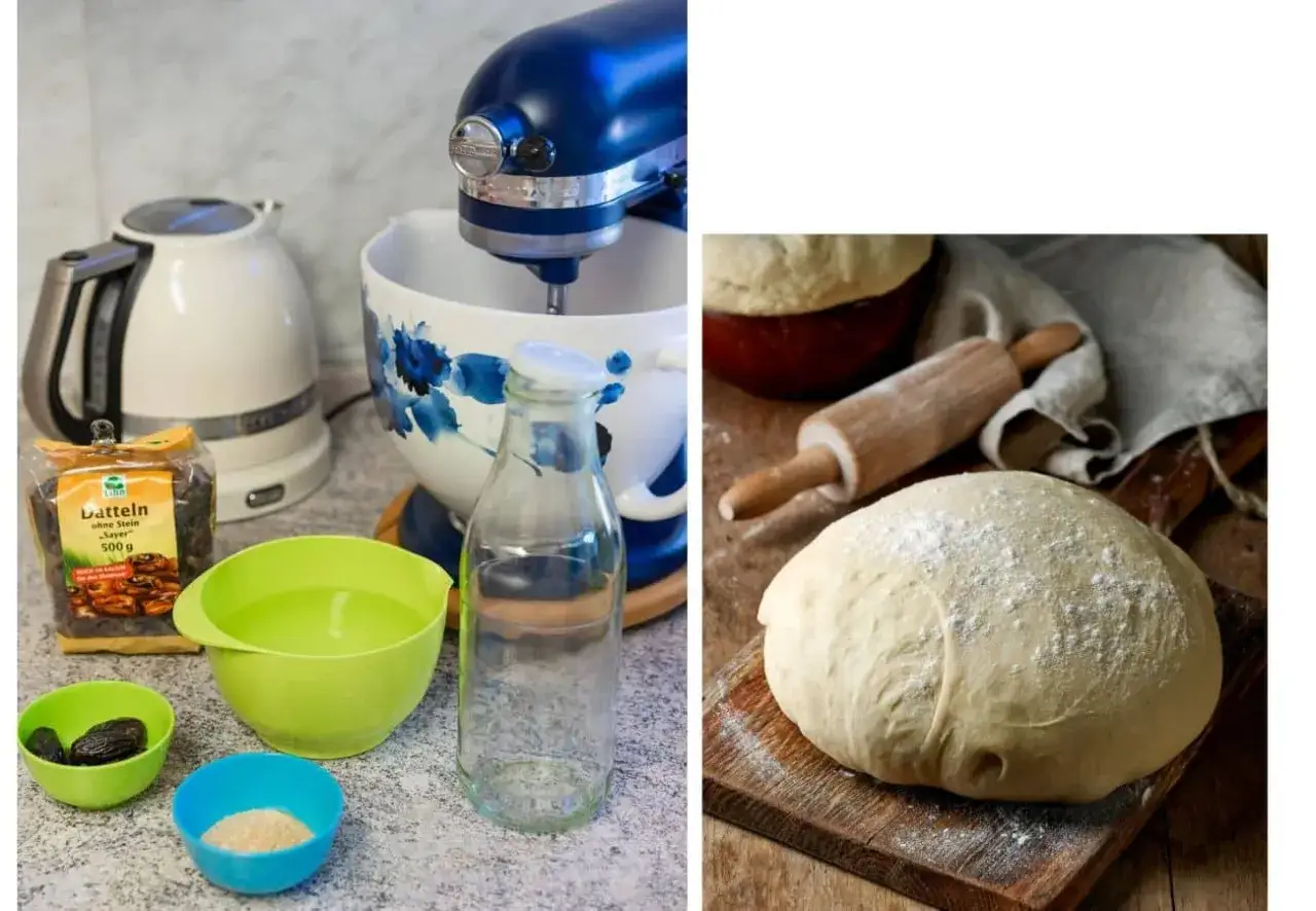 Zutaten f&uuml;r Teig: Datteln, Zucker, Wasser, Milch. Hier siehst du, was kann man statt Hefe nehmen f&uuml;r Brot.