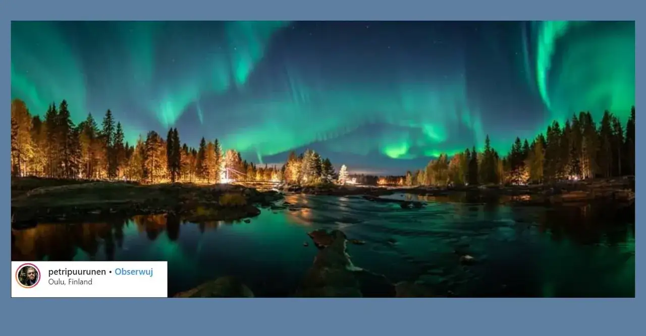 Aurora borealis nad rzeką w Finlandii, kraju słynącym z pięknych krajobrazów i zorzy polarnej.