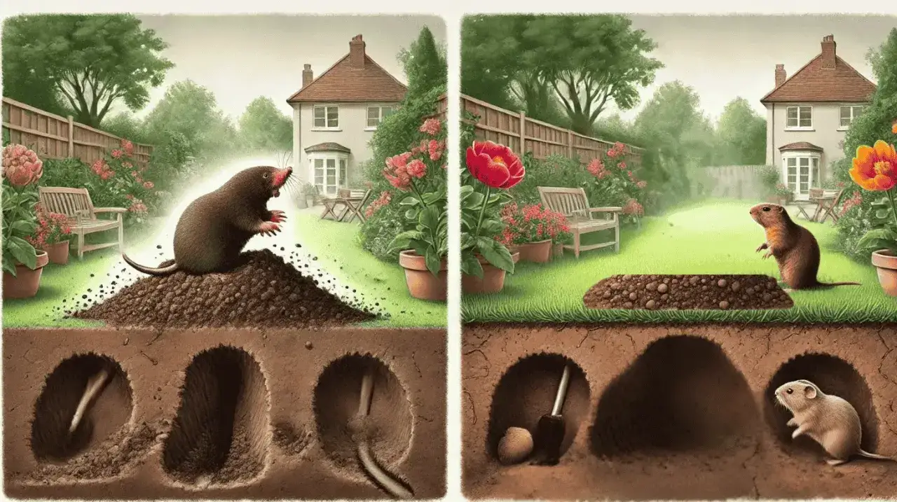 Ein Maulwurf im Garten? Was tun? Die linke Seite zeigt einen Maulwurf, der einen Erdh&uuml;gel aufwirft und Tunnel gr&auml;bt. Rechts ist ein Hamster zu sehen, der neugierig aus einem Loch schaut.
