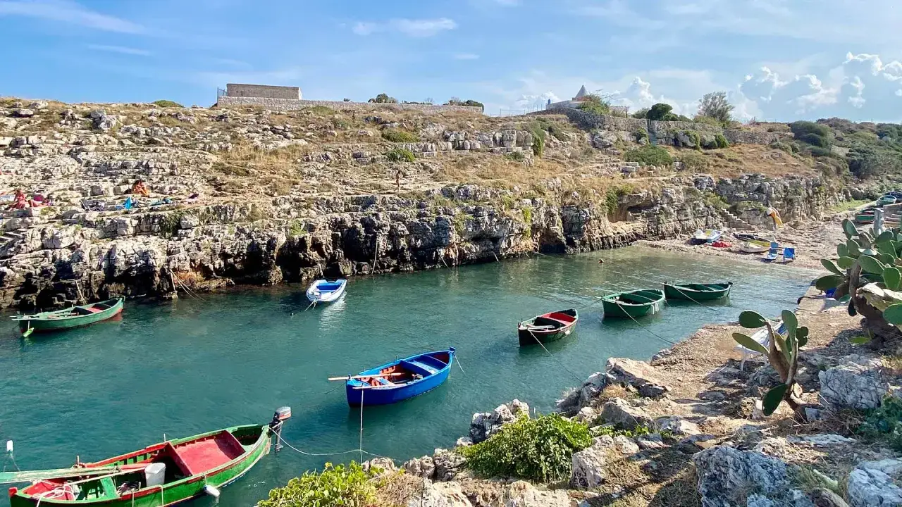 Piccolo porto pugliese a mare, con barche colorate ormeggiate in acque cristalline e scogliere rocciose.
