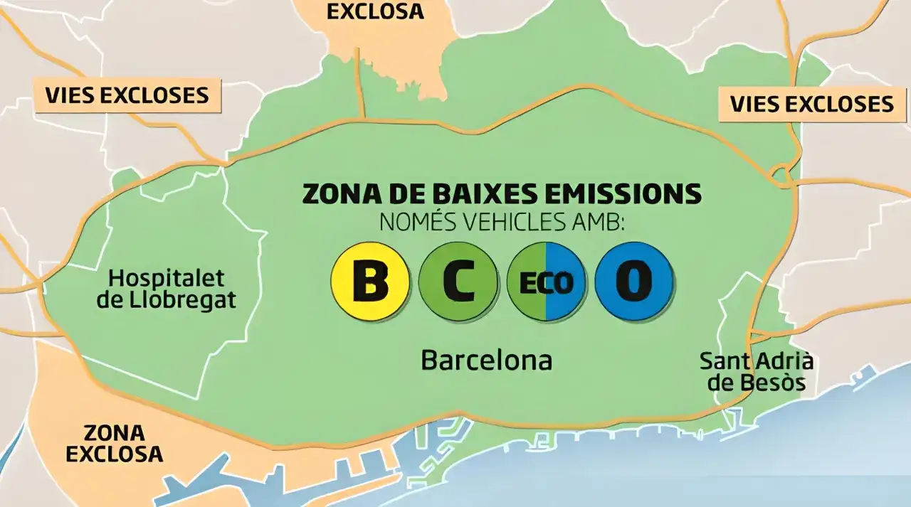 Mapa de la Zona de Baixes Emissions de Barcelona. Indica que coches pueden entrar en Barcelona según su etiqueta (B, C, ECO, 0).