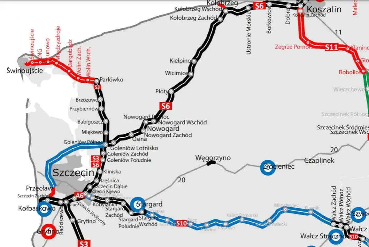 Mapa dr&oacute;g dojazdowych Szczecin A6 S3 S6