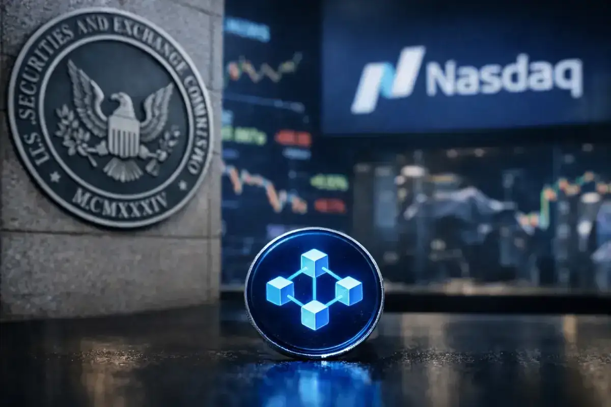 Znak SEC i logo Nasdaq w tle, a na pierwszym planie cyfrowa moneta z symbolem sieci. Czy to przyszłość finansów?