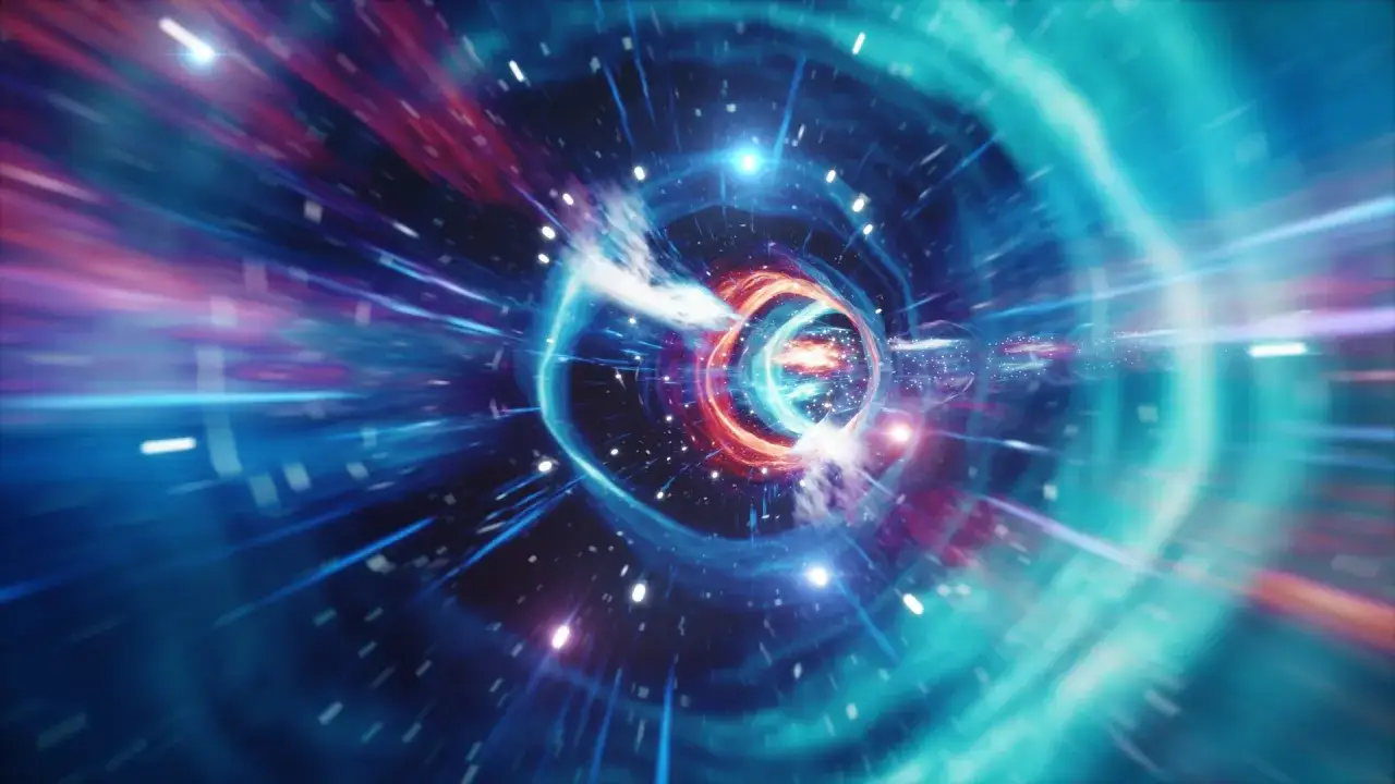 Un vortice di luce blu e rossa, un tunnel spaziotemporale che offre una **dark spiegazione scientifica** dell'universo.