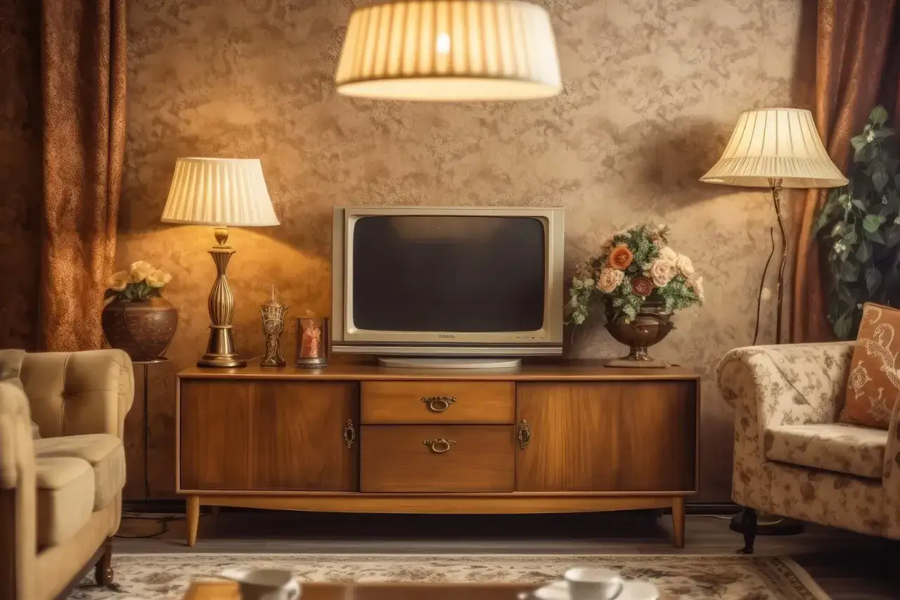 Stary telewizor na komodzie, obok lampy i bukiet kwiatów. Jak pozbyć się zapachu stęchlizny z mebli? Wietrzenie i naturalne pochłaniacze zapachów.