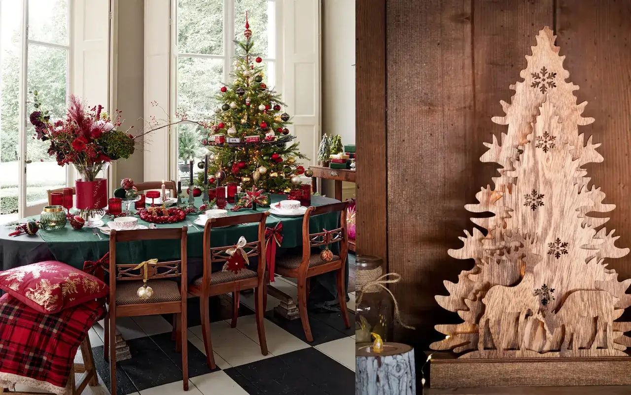Ambiance festive pour faire des decorations de noel : table dressée, sapin scintillant et un arbre en bois sculpté de rennes.
