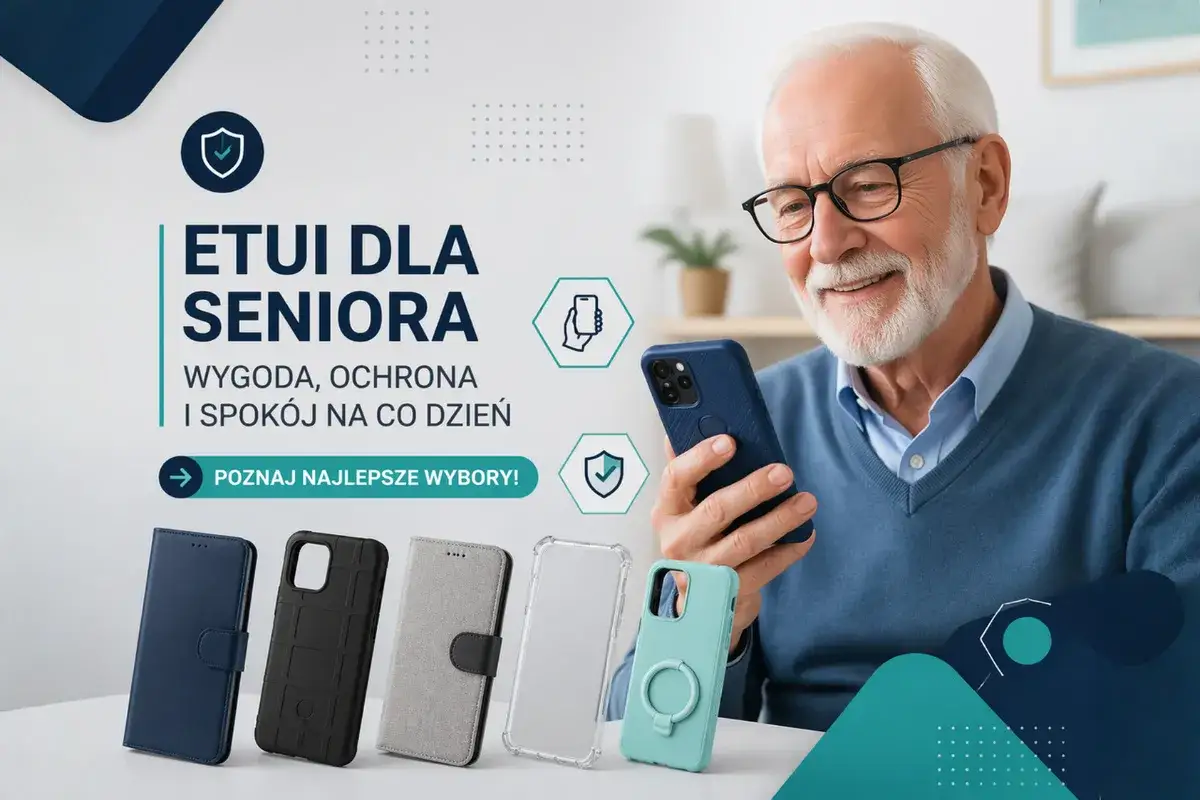 Uśmiechnięty senior trzyma smartfon w niebieskim etui. Obok prezentowane są r&oacute;żne modele etui na telefon, zapewniające wygodę i ochronę.