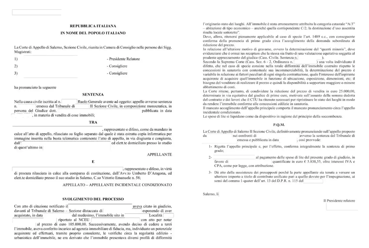 Sentenza Corte d'Appello Salerno: rigetto appello, conferma sentenza primo grado. Riconosciuto **abuso edilizio commesso dal precedente proprietario** e ridotto prezzo immobile.