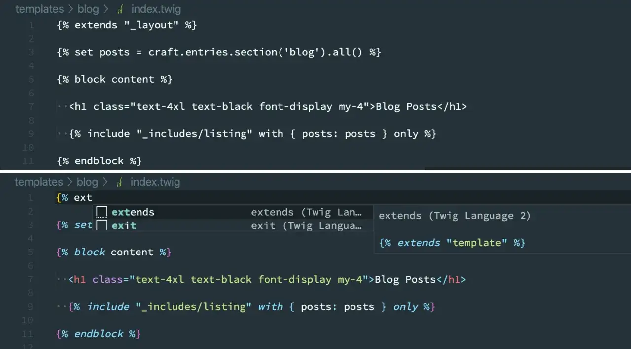 Edytor kodu pokazuje fragment pliku index.twig. Widać sugestię uzupełniania składni, gdzie 