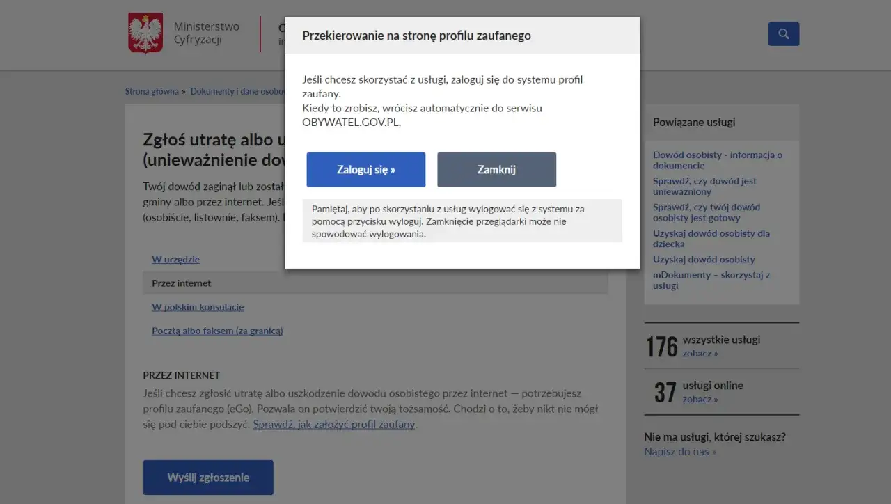Zgłoś utratę dowodu osobistego przez internet. Kliknij