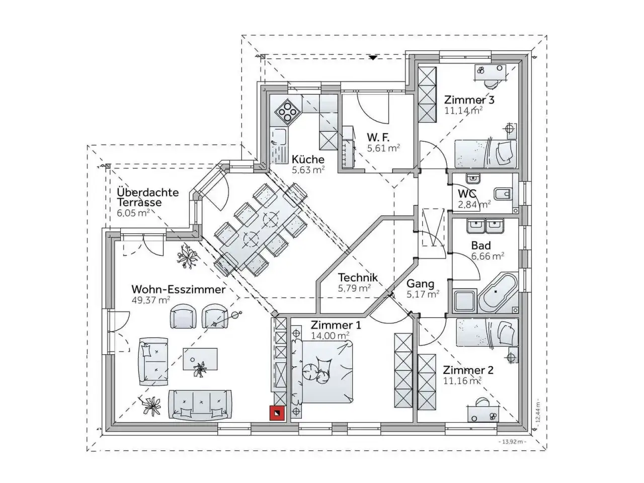 Grundriss eines Bungalows mit Wohn-Esszimmer, K&uuml;che, Terrasse, 3 Zimmern, Bad & WC. Hier erfahren Sie, was kostet ein Bungalow dieser Gr&ouml;&szlig;e.