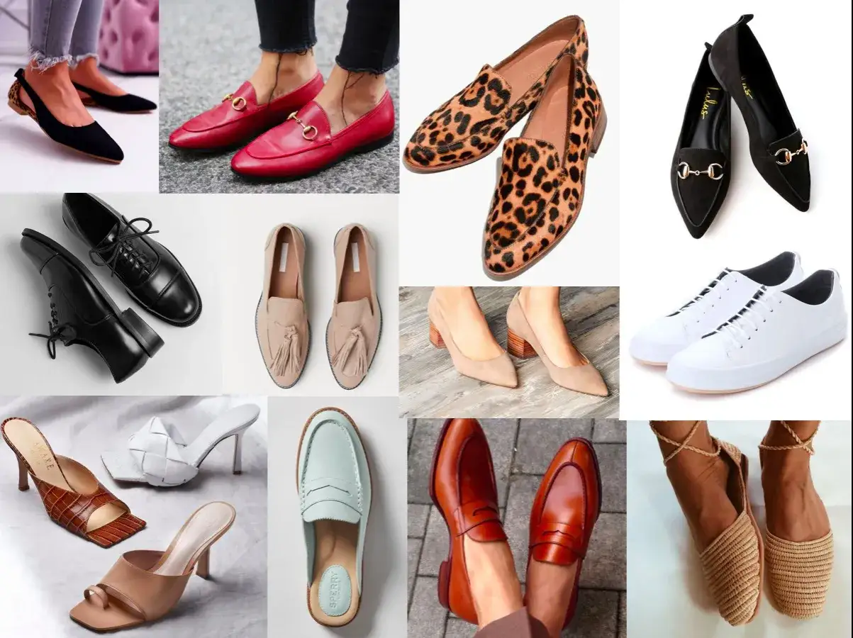 Kolekcja butów w stylu francuskiej mody: mokasyny, czółenka, sneakersy i sandały.