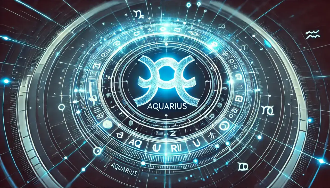 Cyfrowa tarcza z symbolami zodiaku i napisem AQUARIUS. Widoczny ascendent w Wodniku, otoczony świecącymi liniami i punktami.