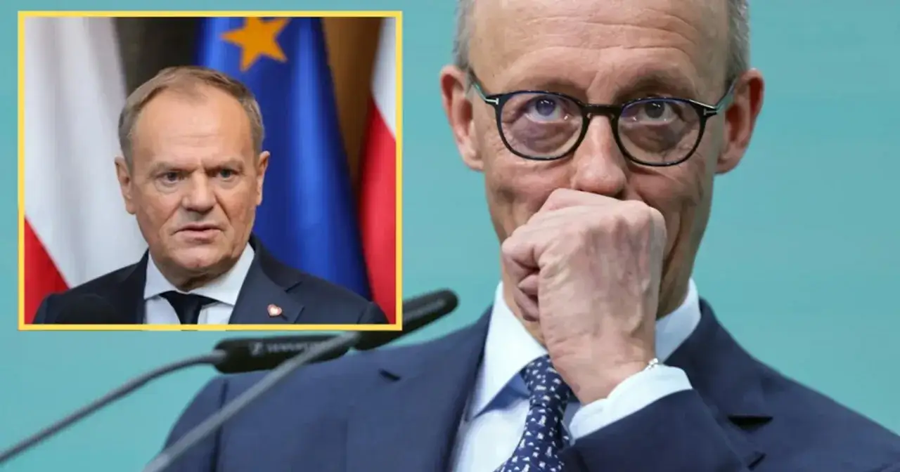 Donald Tusk obok kanclerza Niemiec, w tle flagi Polski i UE.
