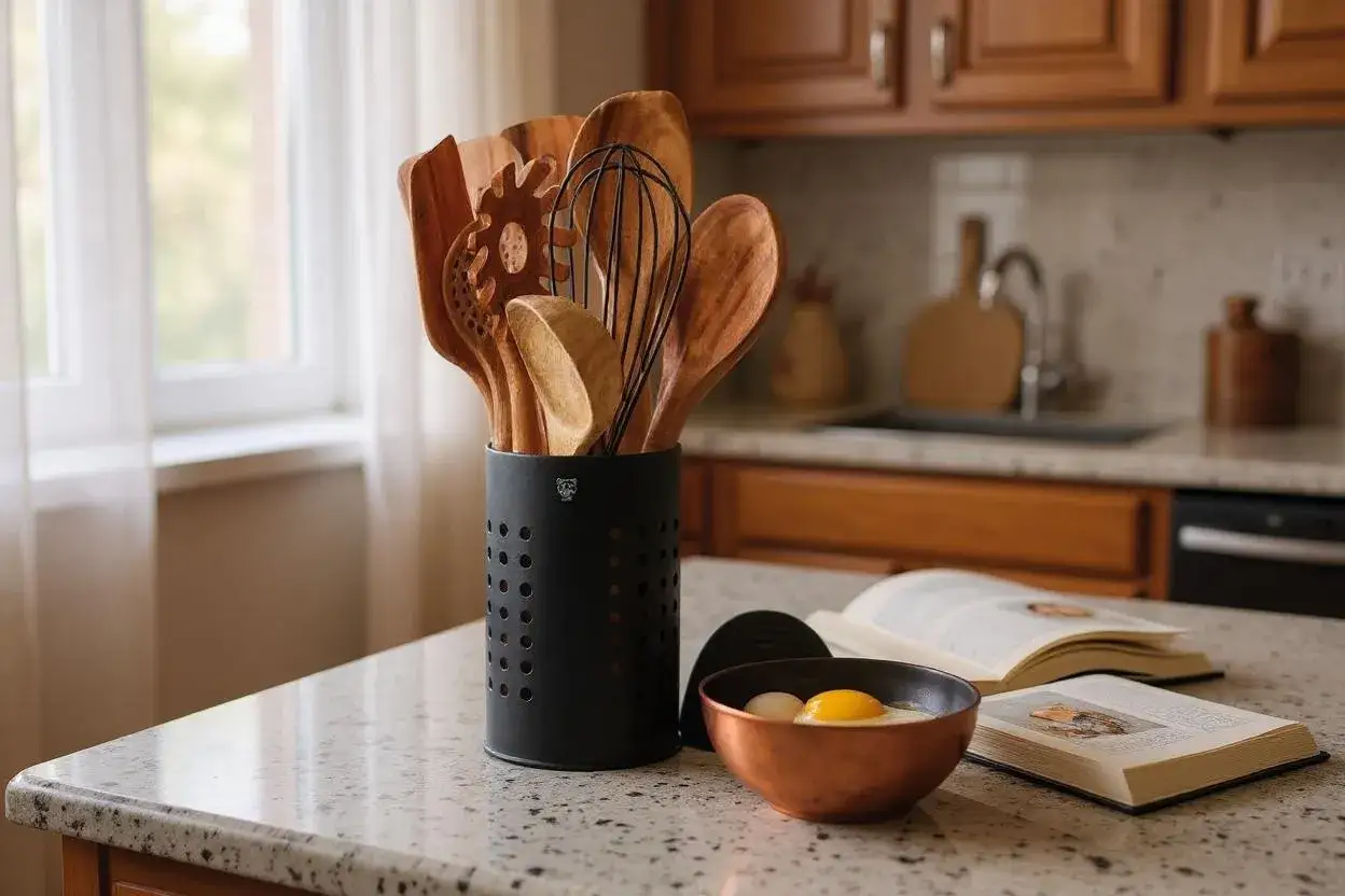 Un pot noir contient une liste d'ustensiles de cuisine en bois, dont une spatule et un fouet. À côté, un bol en cuivre avec des œufs et un livre de recettes ouvert.