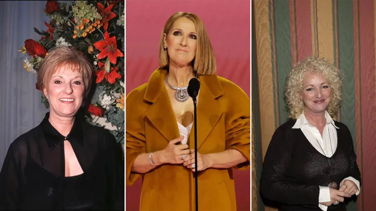 Tre kvinnor, m&ouml;jligen c&eacute;line dion syskon, visas i en collage. En kvinna med kort brunt h&aring;r ler, en annan med blont h&aring;r st&aring;r vid en mikrofon, och en tredje med lockigt blont h&aring;r ler.