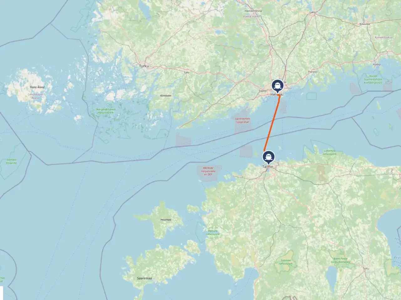 Trasa promu z Tallinna do Helsinek, pokazująca podróż między stolicami Estonii i Finlandii.