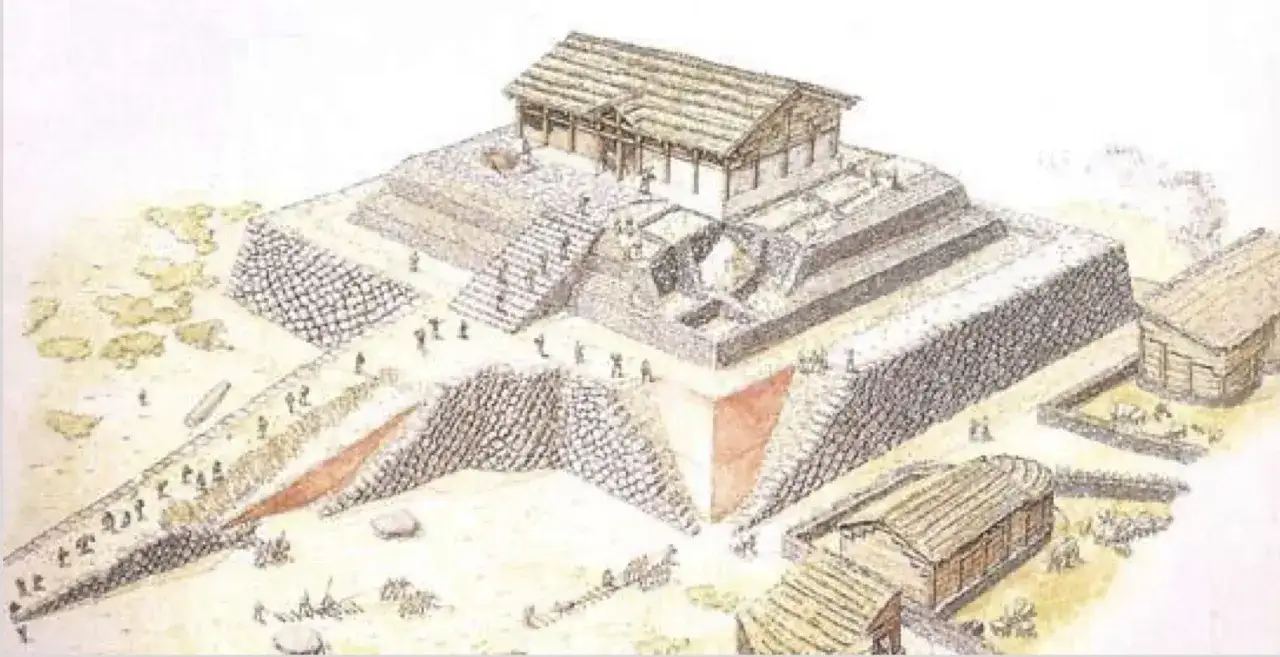 Ricostruzione del Monte d'Accoddi, un sito archeologico sardo avvolto dalla leggenda. La struttura a gradoni con tempio in cima evoca antichi riti.