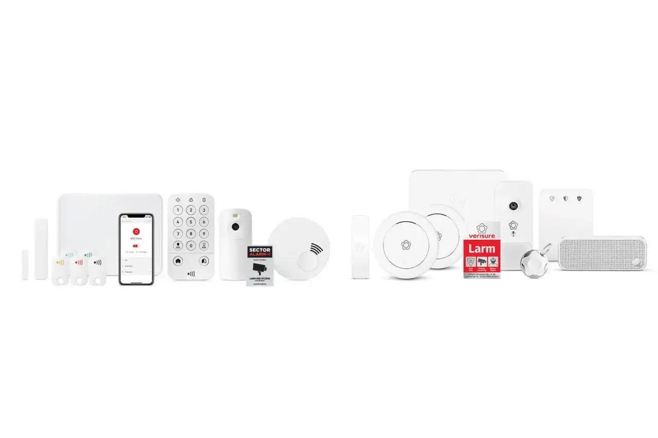 S&auml;kerhetssystem med Verisure larm, r&ouml;relsedetektorer, d&ouml;rrsensorer, kamera, siren och en fj&auml;rrkontroll som kan styras via en app, liknande hur man styr en verisure google home.