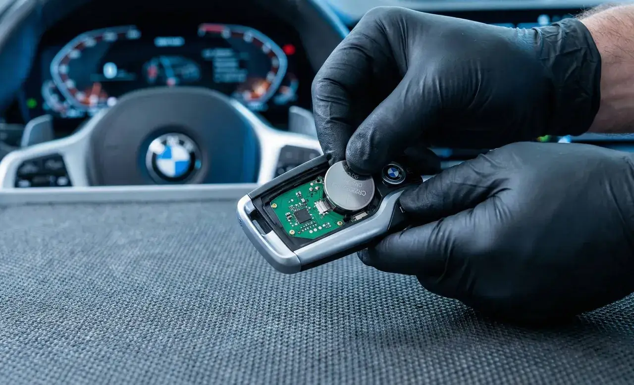 Rękawiczki ochronne ułatwiają wymianę baterii w kluczyku samochodowym BMW.