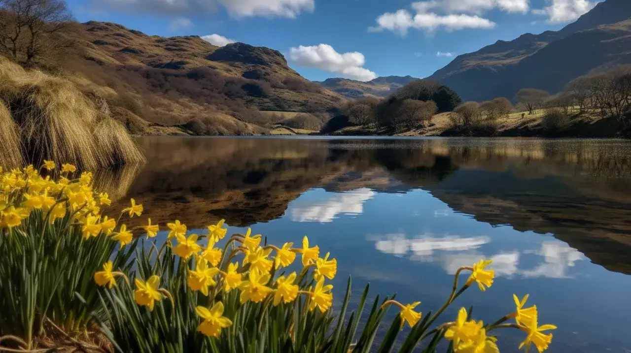 Gialli narcisi in primo piano, con un lago tranquillo e montagne sullo sfondo. La traduzione di 