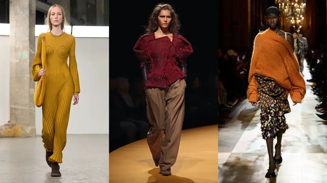Models pr&auml;sentieren Mode in gedeckten Farben: ein senfgelbes Strickkleid, ein weinrotes Oberteil mit weiten Hosen und ein orangefarbener Oversize-Pullover.