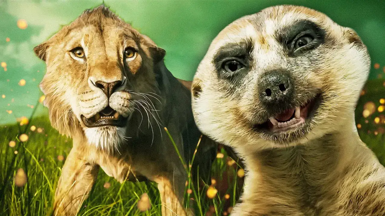 Król lew live action: Simba i Timon w trawie. Simba patrzy poważnie, a Timon uśmiecha się szeroko.