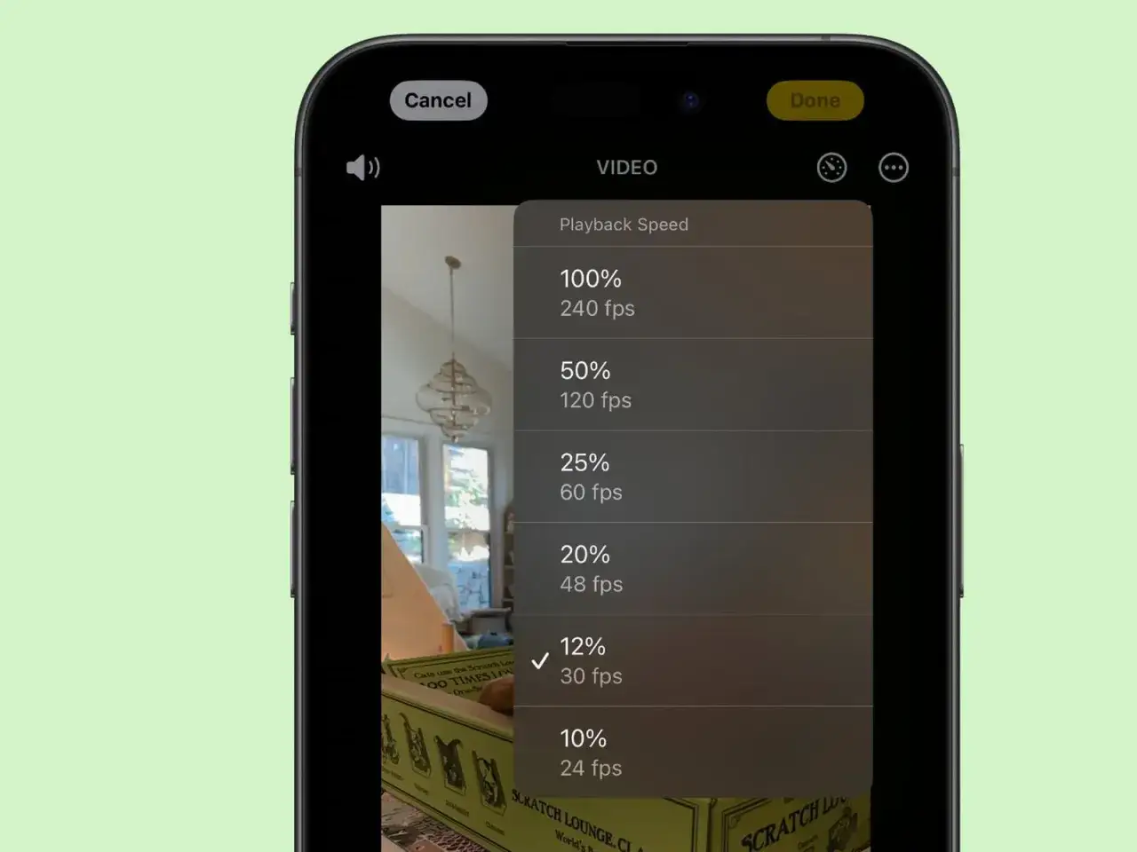 &Auml;ndra uppspelningshastigheten p&aring; din video p&aring; iPhone. V&auml;lj 12% f&ouml;r att snabba upp video iPhone.
