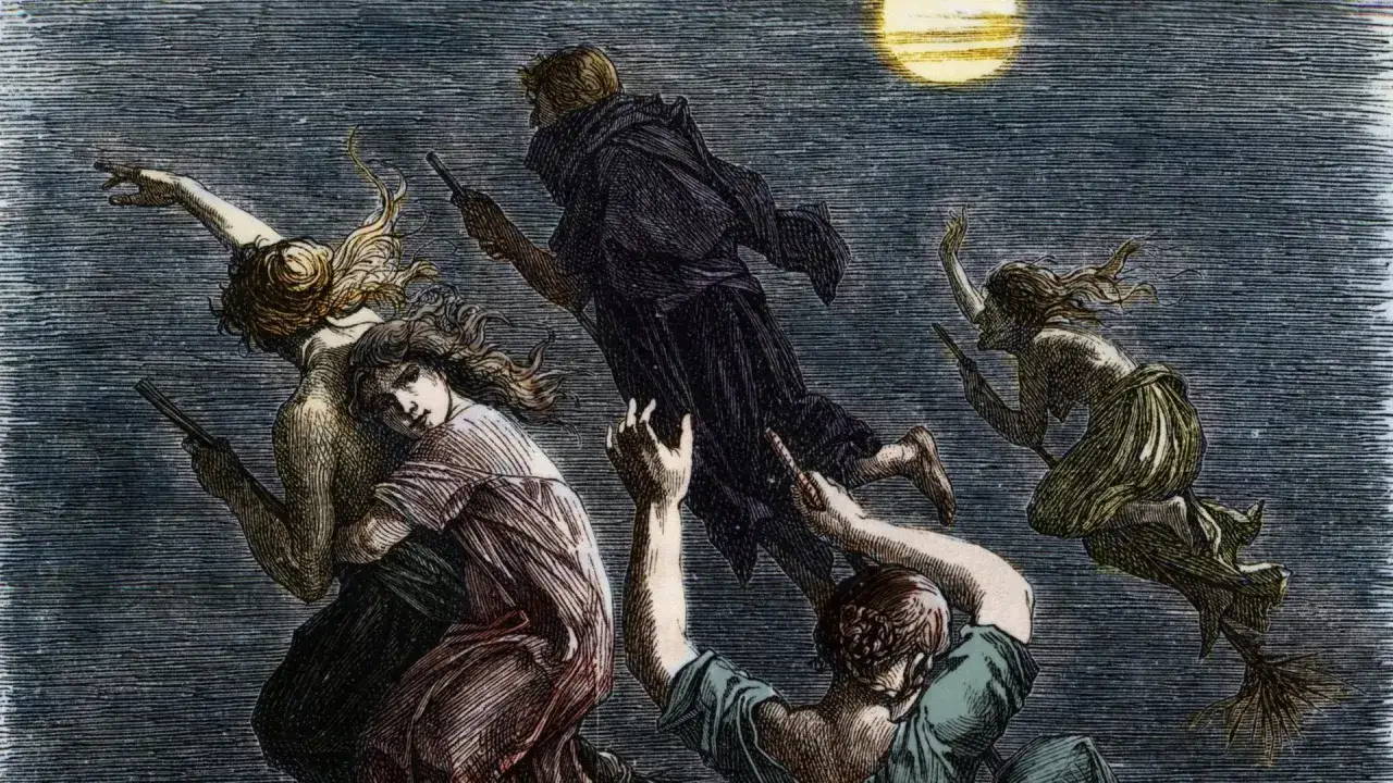 Mittelalter hexen fliegen auf Besen durch die Nacht unter dem Mond. Eine Hexe reitet hoch, w&auml;hrend andere sich aneinander klammern.