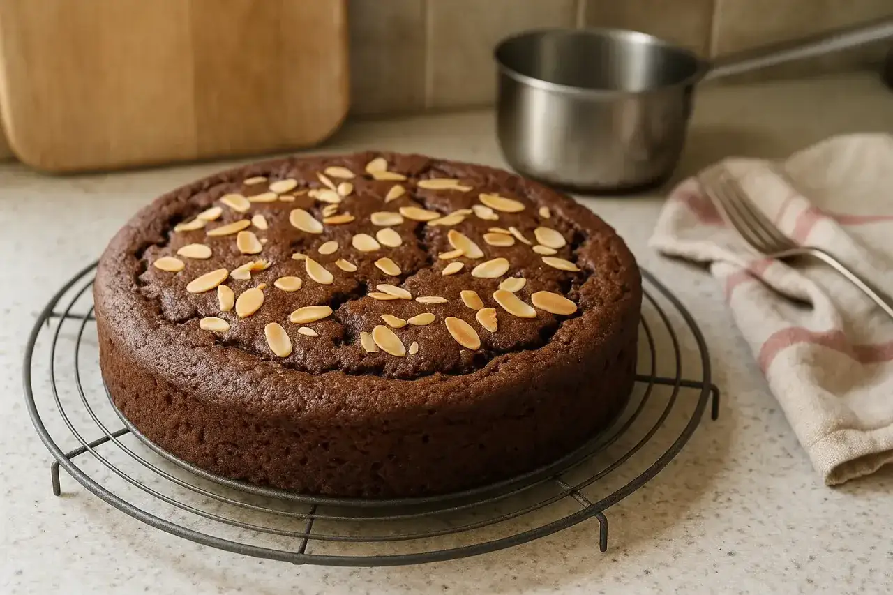 G&acirc;teau au chocolat et poudre d'amande facile et rapide, garni d'amandes effil&eacute;es, refroidissant sur une grille.