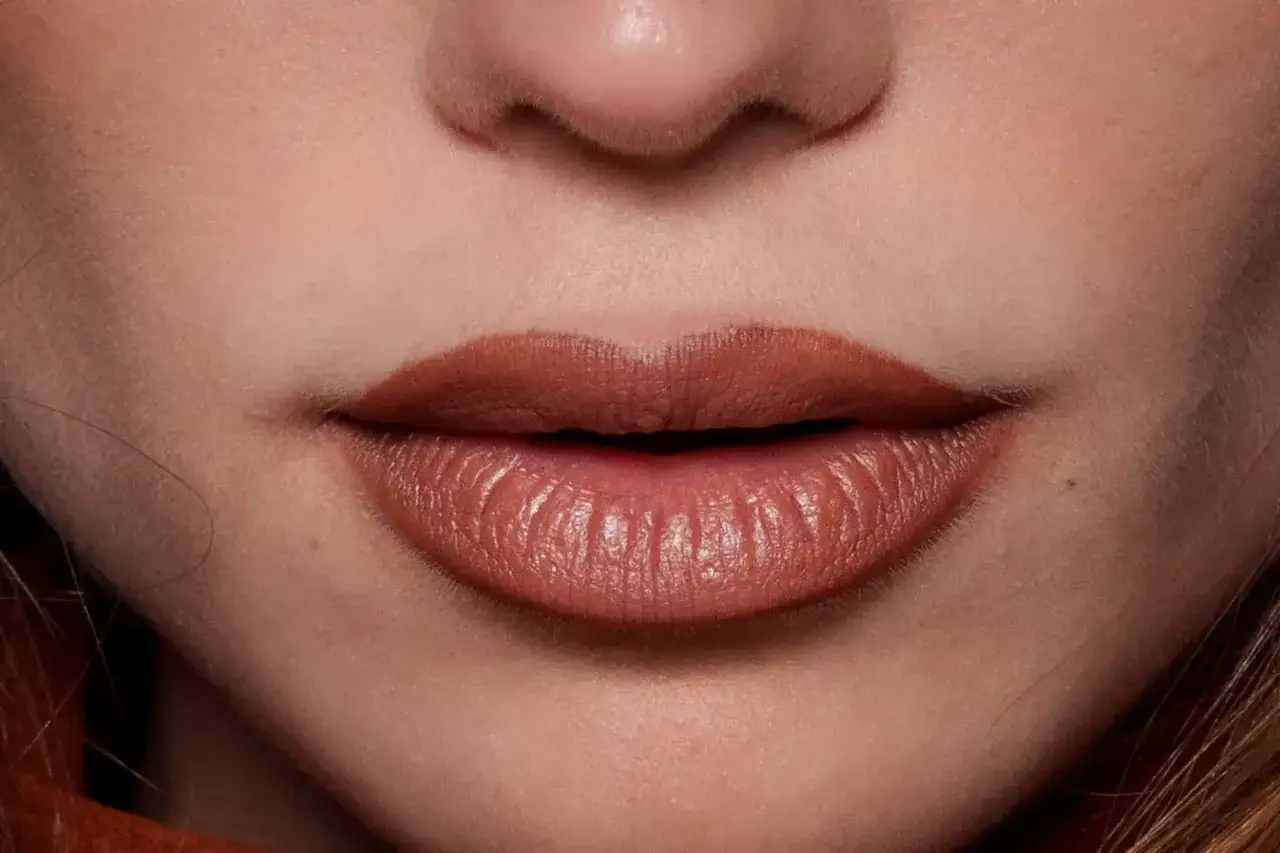 Labios finos con un toque de brillo, resaltando su forma natural.