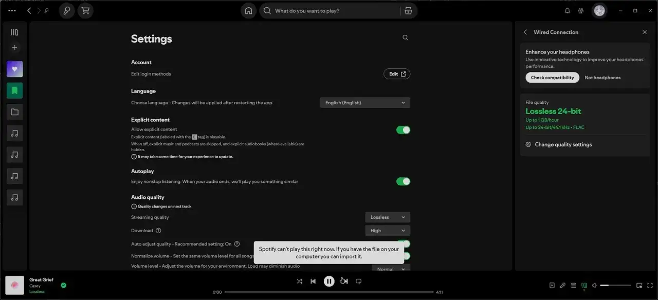 Ustawienia Spotify: jakość dźwięku bezstratna 24-bit. Możliwość importu plików z komputera.