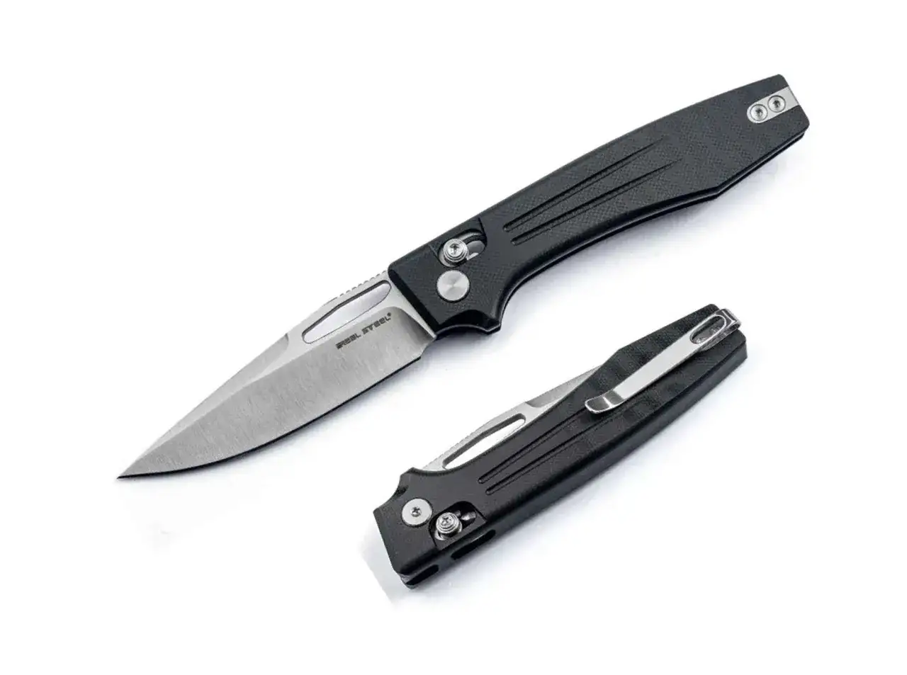 Navaja de acero nitro v, con mango negro texturizado y clip met&aacute;lico.