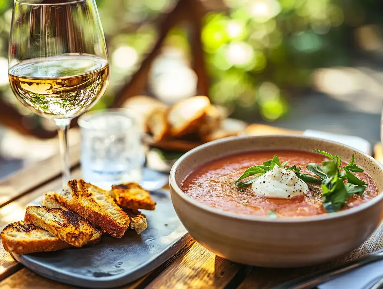 En sk&aring;l med gazpacho, toppad med gr&auml;dde och &ouml;rter, serveras med rostat br&ouml;d och ett glas vitt vin. Ett perfekt gazpacho recept f&ouml;r en varm dag.