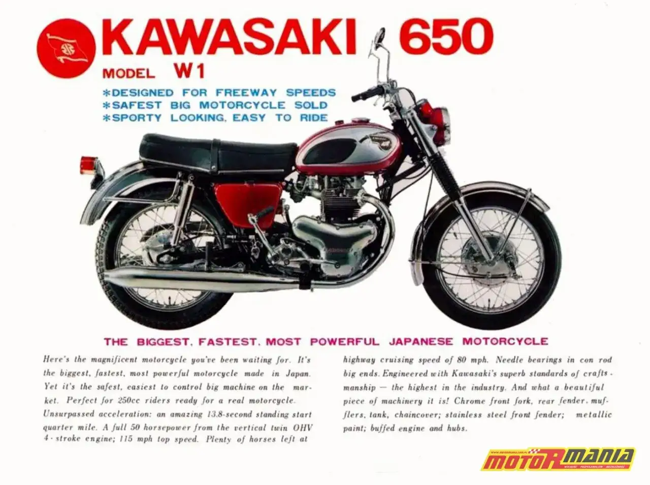 Klasyczny japoński motocykl Kawasaki W1 650 w czerwono-srebrnym malowaniu, reklamowany jako największy i najszybszy.