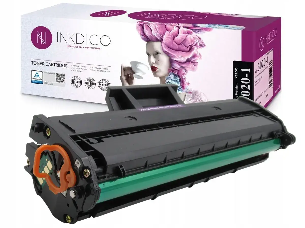 Toner do Xerox WorkCentre 3025bi, marki Inkdigo, z zielonym wałkiem i pomarańczowym zabezpieczeniem. Pudełko z grafiką kobiety.