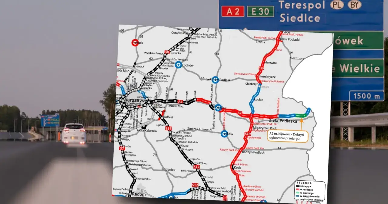 Mapa drogowa z zaznaczoną autostradą A2, drogami krajowymi i miastami. Widoczny fragment drogi z białym samochodem.