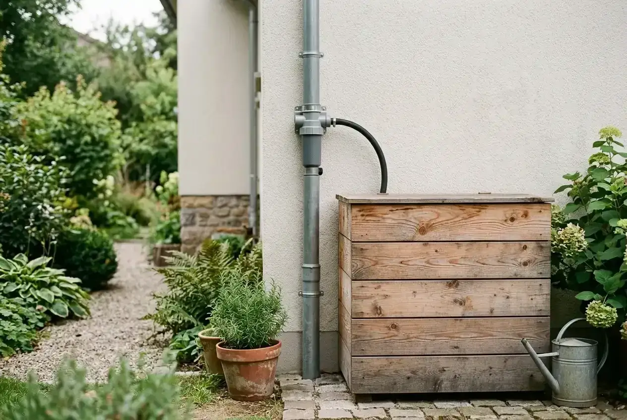Holzfass sammelt Regenwasser. In Deutschland ist Regenwasser sammeln nicht verboten, aber es gibt Regeln.
