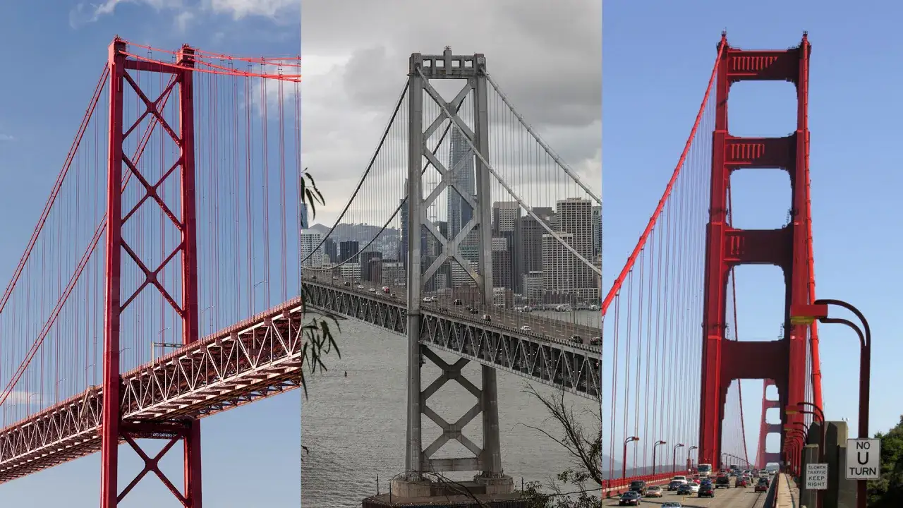 Comparación visual: puente 25 de abril vs Golden Gate. Tres icónicos puentes colgantes, dos rojos y uno gris, se muestran en esta composición.
