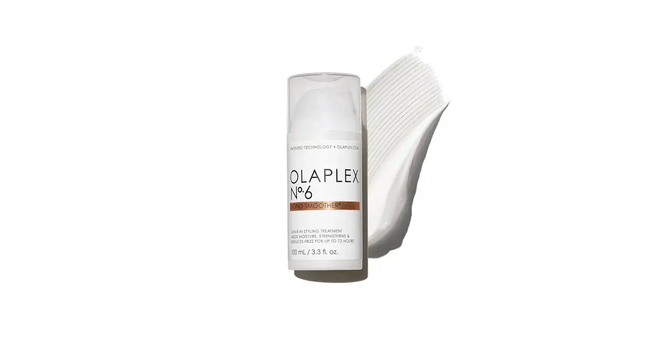 Olaplex Nr. 6 Bond Smoother in weißer Flasche mit einem cremigen Klecks daneben.