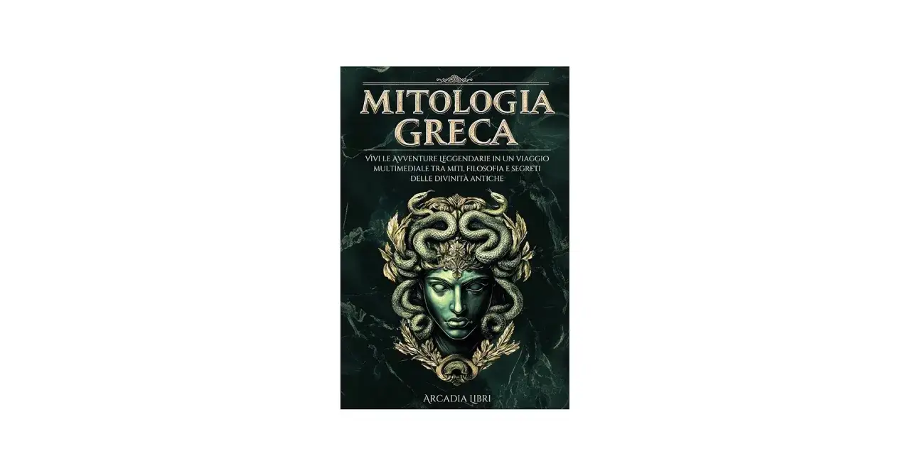 Copertina di libri sulla mitologia greca, con Medusa e serpenti dorati. Un viaggio tra miti e divinit&agrave; antiche.