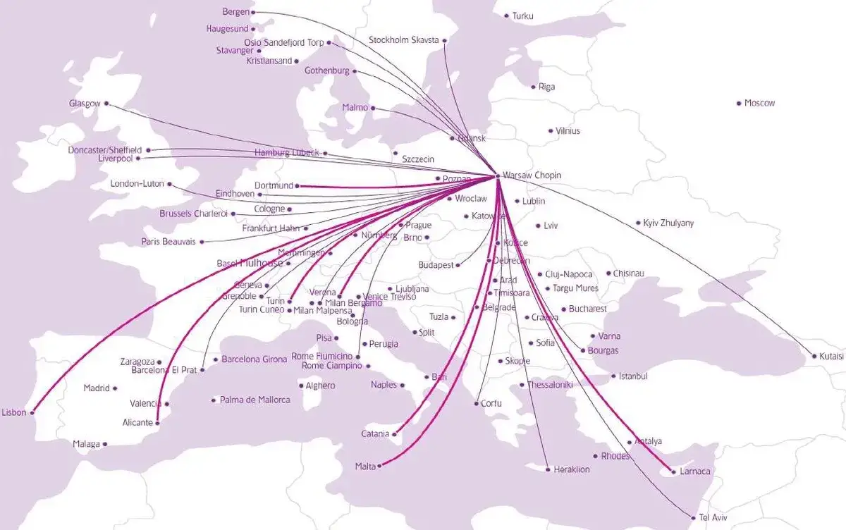 Mapa połączeń Wizz Air z Polski
