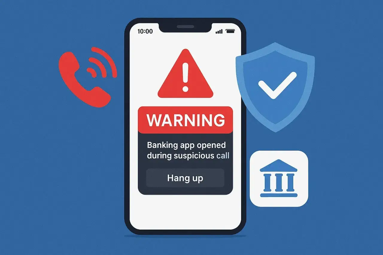 Warnung: Banking-App w&auml;hrend verd&auml;chtigem Anruf ge&ouml;ffnet. Vorsicht, wird mein Handy ausspioniert? Auflegen!