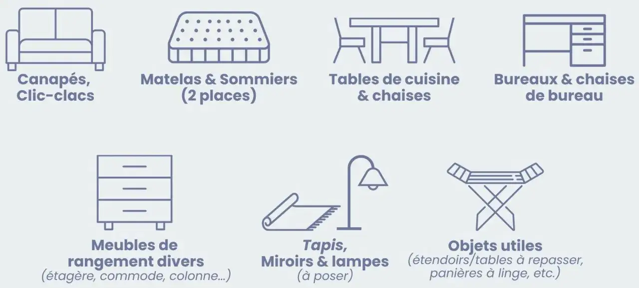 Icônes de divers meubles : canapés, matelas, tables, bureaux, commodes, tapis, lampes et objets utiles.