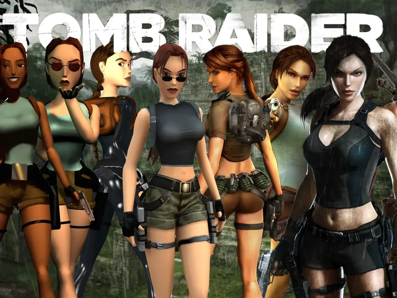 Lara Croft w różnych odsłonach, od klasycznych po nowsze, prezentuje chronologię Tomb Raider.