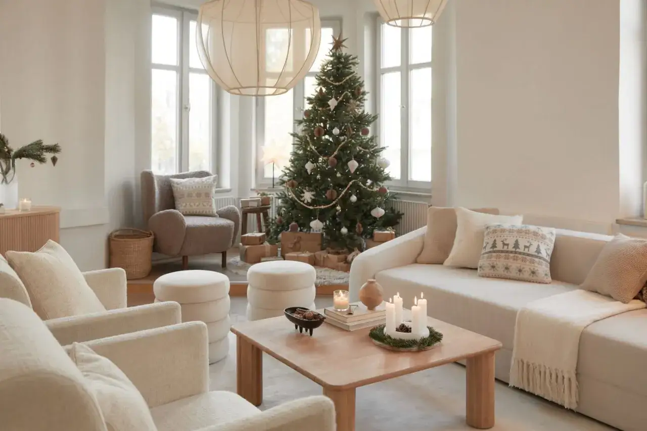 Przytulny salon z piękną, udekorowaną choinką, która tworzy magiczną atmosferę. Idealna jaka choinka na święta, z prezentami u jej stóp.