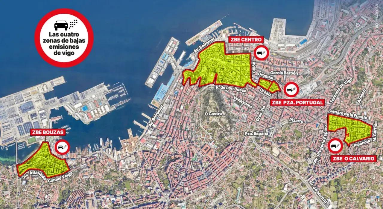 Mapa de Vigo con cuatro zonas de bajas emisiones (ZBE) resaltadas en amarillo: Bouzas, Centro, Pza. Portugal y O Calvario.