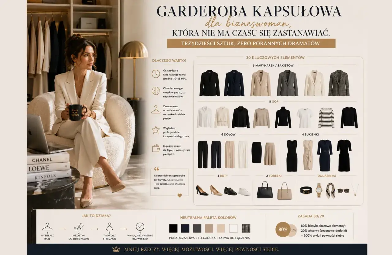 Kobieta w eleganckim beżowym garniturze siedzi w fotelu, trzymając kubek. Obok niej znajduje się infografika o garderobie kapsułowej, prezentująca bazę kolor&oacute;w i kluczowe elementy.
