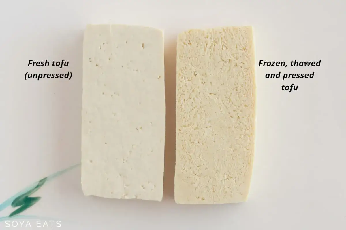 Fresh tofu and ice tofu (frozen, thawed, and pressed) side-by-side, showing the difference in texture.