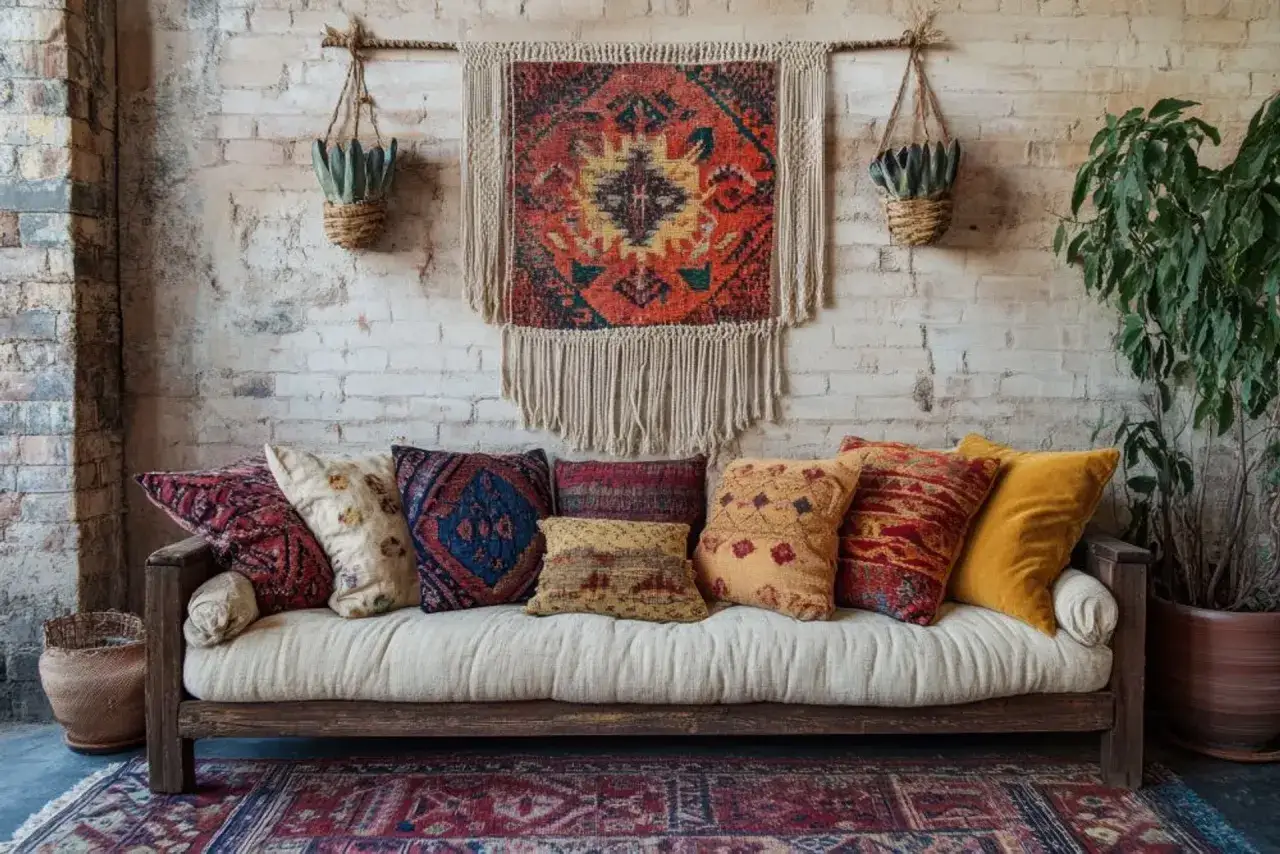 Jak powiesić dywan na ścianie? Wzorzysty kilim z frędzlami zawieszony nad kanapą z poduszkami w stylu boho.